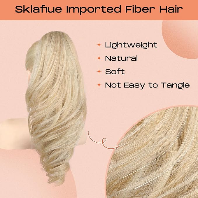 SEIKEA Ponytail Extension, 18" Wavy Claw Clip in Hair Extensions for Women, Lightweight Fluffy Synthetic Ponytail Hairpiece, Natural Soft & Easy to Wear, for Short Blonde Pale Gold Highlights