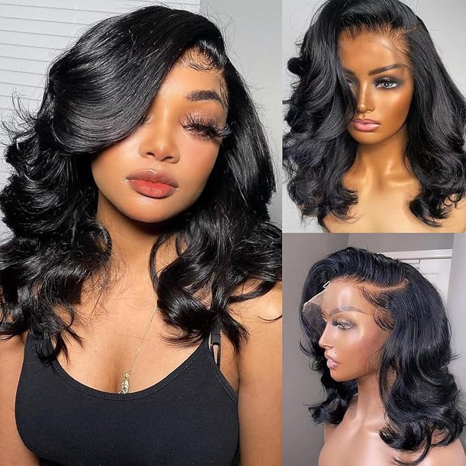 IUPin 4×4 Bob Wig Human Hair Body Wave Lace Front Wigs Human Hair for Women HD Lace Closure Wigs Glueless Human Hair Pre Plucked 200 Density Natural Hairline Short Bob Wigs Human Hair 16 inch