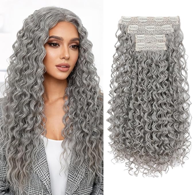 Flufymooz Clip in Hair Extensions, 4PC 100％ Pure Protein Silk Hair Extensions Long Soft Natural Hairpiece 20 Inch Curly Hair Extension for Women-Grey