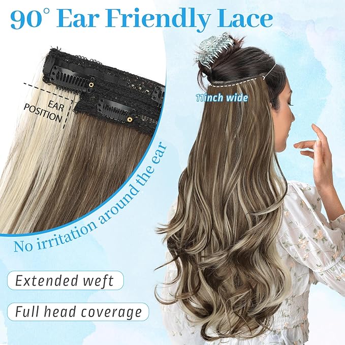 KooKaStyle Invisible Wire Hair Extensions Long Wavy Layered Synthetic with Transparent Headband Adjustable Size 6 Secure Clips Hairpieces for Women (20 Inch, Medium Brown Mix Ash Blonde)