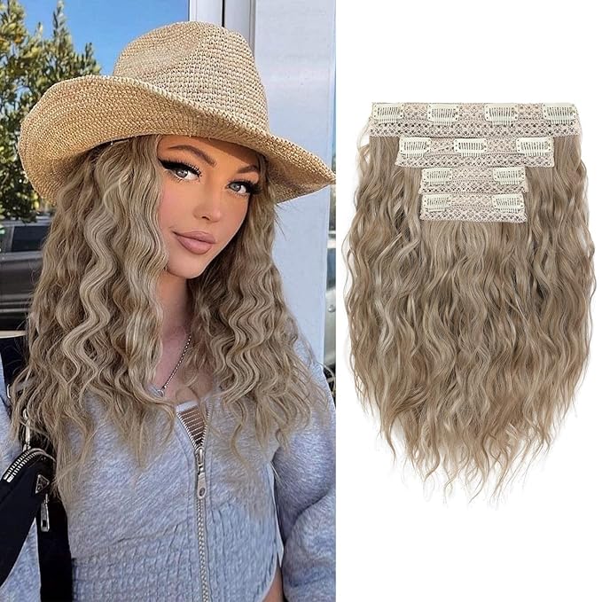 REECHO Clip in Hair Extensions, 4PCS Hair Extensions 12" Short Curly Wavy Blonde hair extensions Invisible Lace Weft Natural Soft Hairpieces for Women – Light Ash Brown with Highlights