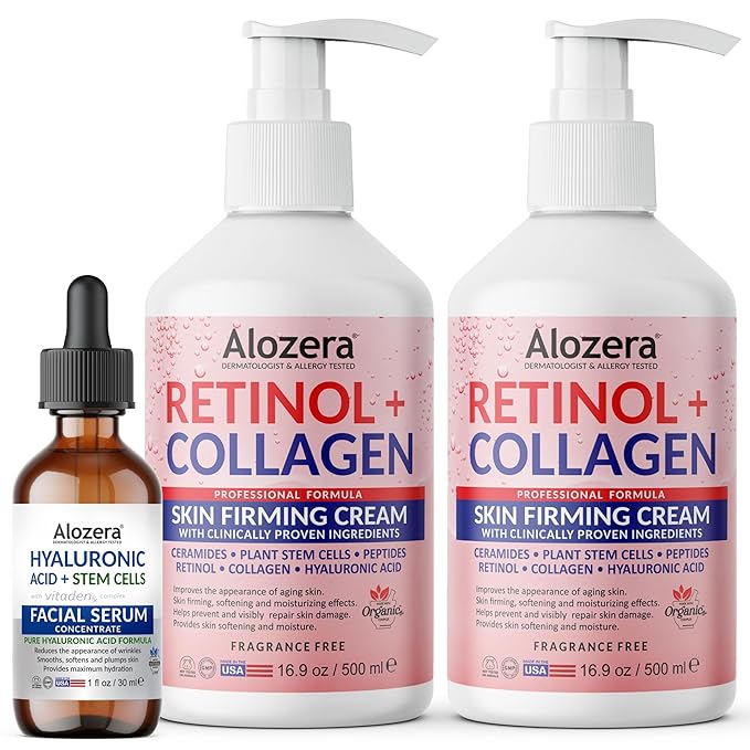 Alozera Retinol Collagen Body Lotion (2-Pack) & Hyaluronic Acid Serum with Stem Cells – Firming, Hydrating & Anti-Aging Skincare for Face, Neck & Body, Lightweight, Fragrance-Free, Made in USA