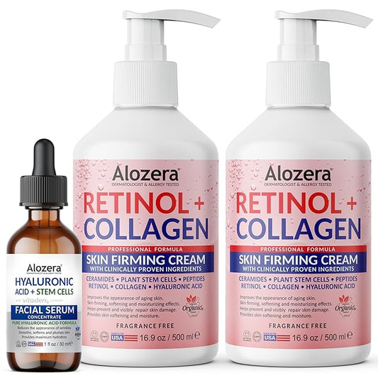 Alozera Retinol Collagen Body Lotion (2-Pack) & Hyaluronic Acid Serum with Stem Cells – Firming, Hydrating & Anti-Aging Skincare for Face, Neck & Body, Lightweight, Fragrance-Free, Made in USA