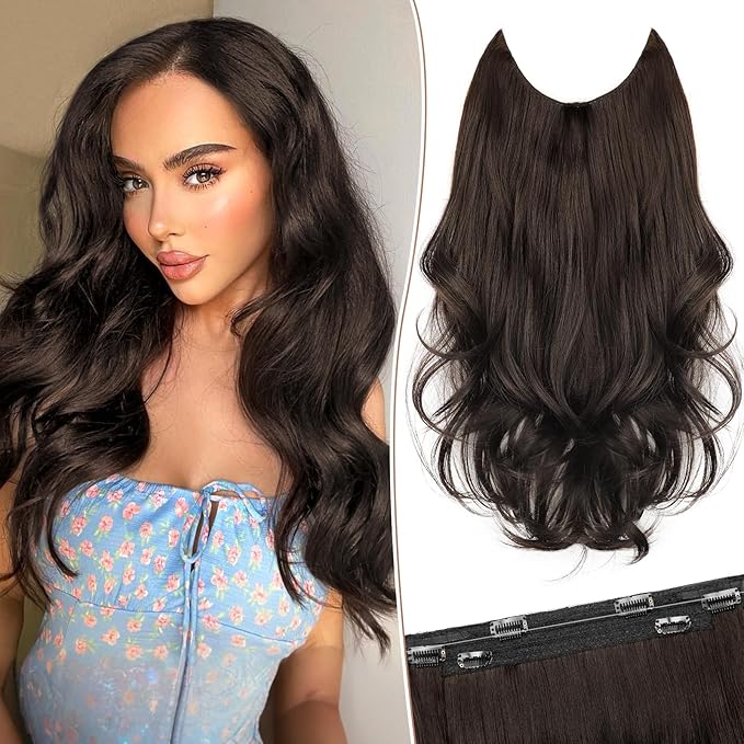KooKaStyle Invisible Wire Hair Extensions Long Wavy Layered Synthetic Hair Extensions with Transparent Wire Adjustable Size 6 Secure Clips Dark Brown/6# Hairpieces for Women 16 Inch