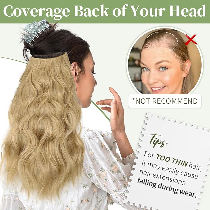 KooKaStyle Invisible Wire Hair Extensions with Transparent Wire Adjustable Size Long Wavy Synthetic Hairpiece 15/613#Golden Blonde 16 Inch with 4 Secure Clips for Women
