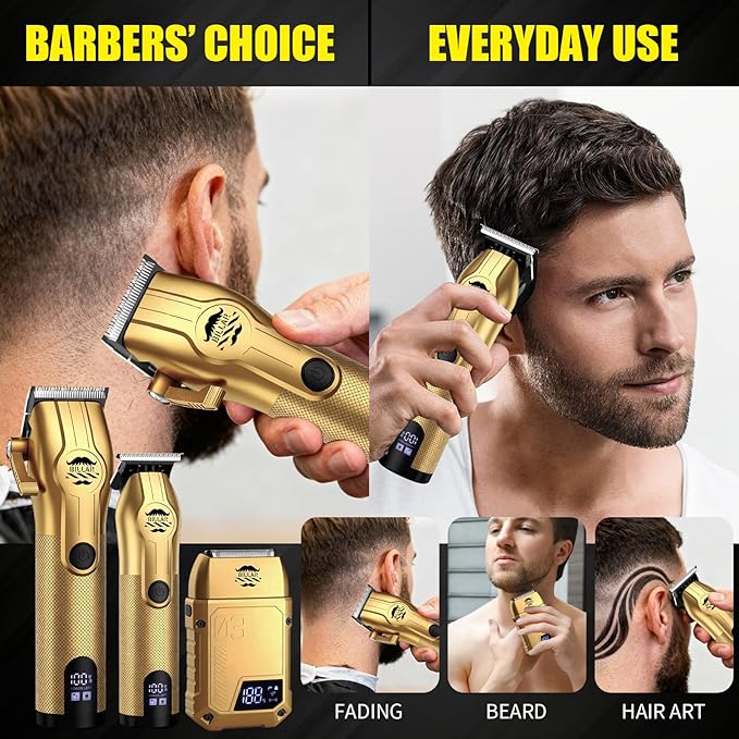 BILLAR Professional Barber Clippers and Trimmer Set - Foil Shaver Professional Hair Clippers for Men, Mens Cordless Hair Clipper for Barbers Haircut Kit（Golden）