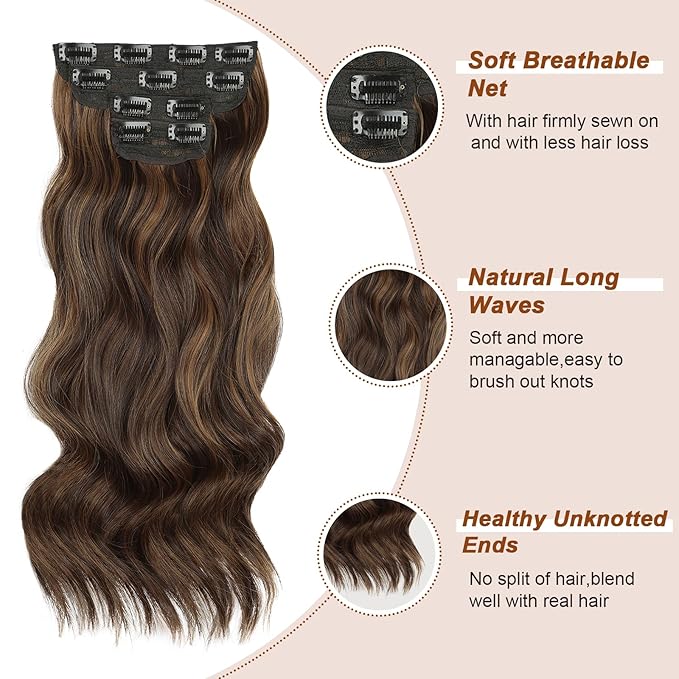 Vigorous Clip in Hair Extensions Black&Dark mix light brown Hair Extensions Clip ins 4PCS Thick Synthetic Wavy hair for Women