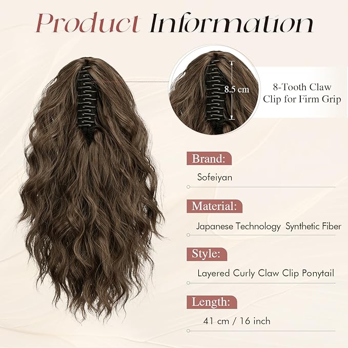 SOFEIYAN Ponytail Extension, 16 inch Claw Clip Ponytail Extension Wavy Curly Ponytails Synthetic Pony Tails Hair Extensions Natural Fake Hairpiece for Women - Brown & Light Auburn Mixed