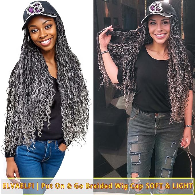 26" Boho Goddess River Locs Crochet Hair Extensions Gradient Grey, Shine Heart Baseball Cap Wigs for Women