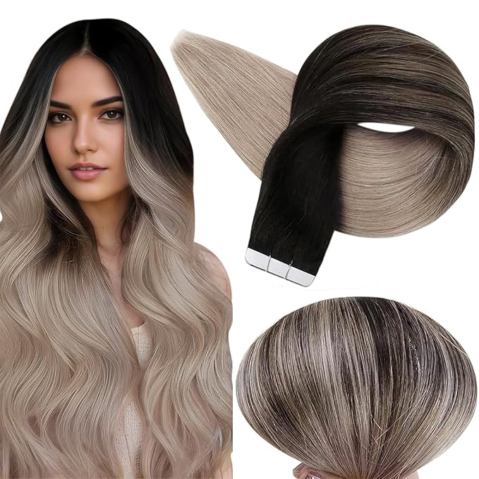 Full Shine Tape ins Human Hair Extensions Color 1B Black Ombre 18 Ash Blonde Remy Hair Extensions Real Human Hair Tape in 22Inch 50Gram Straight Seamless Skin Weft 20Pcs Add Volume