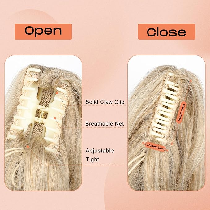 SEIKEA Ponytail Extension, 18" Wavy Claw Clip in Hair Extensions for Women, Lightweight Fluffy Synthetic Ponytail Hairpiece, Natural Soft & Easy to Wear, for Short & Medium Hair Dark Light Blonde