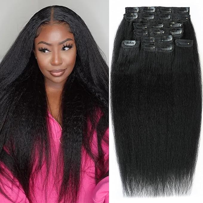 Kinky Straight Clip ins 12 Inch 8Pcs 130g Kinky Straight Clip in Hair Extensions Real Human Hair Brazilian Remy Human Hair Extensions for Women Per Set with 20 Clips Double Weft Natural Black