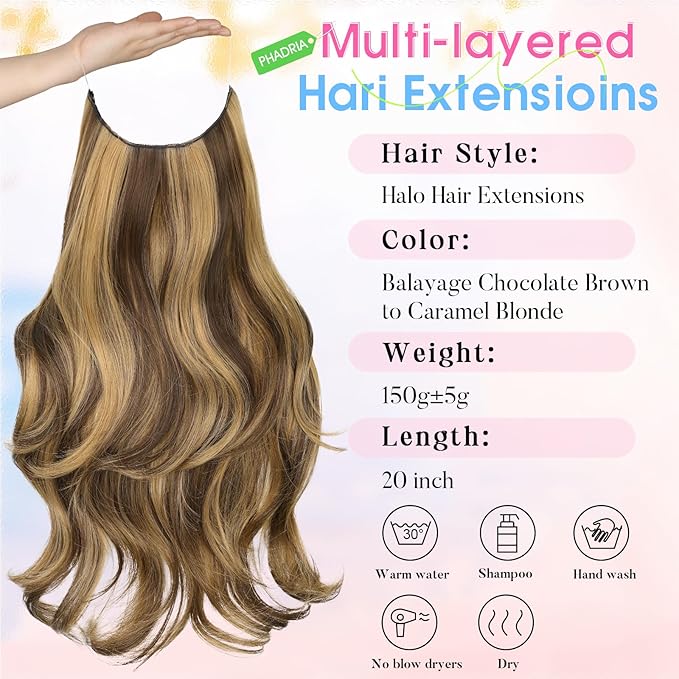 Invisible Wire Hair Extensions with Transparent Wire Adjustable Size 4 Secure Clips Long Wavy Secret Hairpiece 20 Inch for Women(Balayage Chocolate Brown to Caramel Blonde)