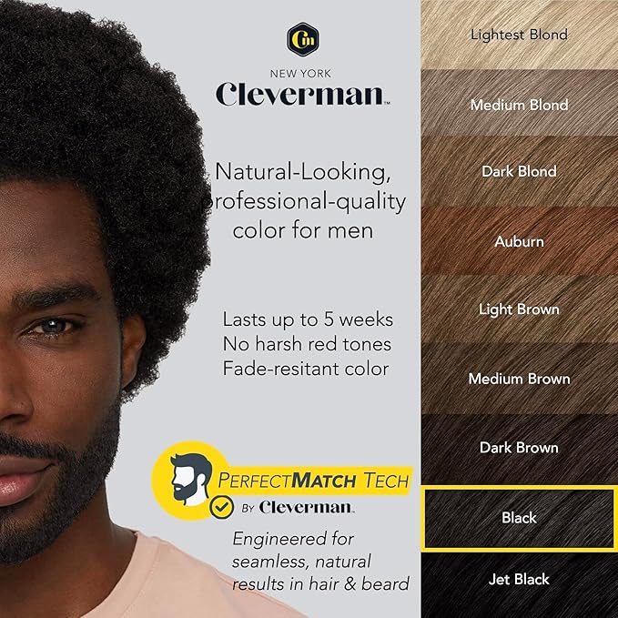 Cleverman Hair & Beard Dye Kit for Men, All-in-One Reusable Mens Hair Color, Natural Gray Coverage, Ammonia-Free Beard Mustache Dye for Men (Black for Black Men, 2 Ounce (Pack of 1))