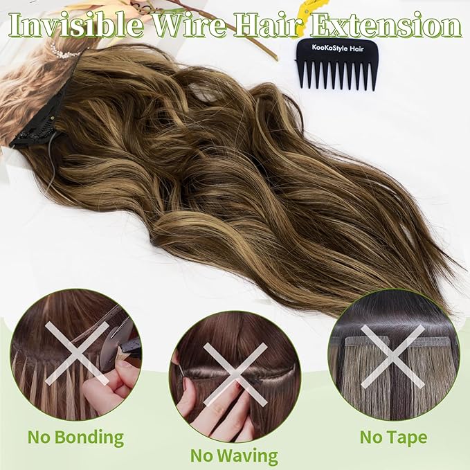 KooKaStyle Invisible Wire Hair Extensions with Transparent Headband Adjustable Size 4 Secure Clips Long Wavy Highlight Synthetic Hairpieces 20 Inch Balayage Chocolate Brown to Caramel Blonde for Women