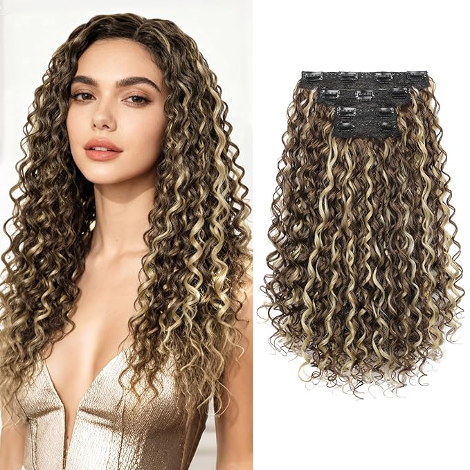 FLUFYMOOZ Clip in Hair Extensions, 18'' 4PC 100％ Pure Protein Silk Curly Hair extension for Women Lace Weft Hairpiece Natural Soft and comfortable for Daily Use-Medium Brown Ash Blonde Highlight