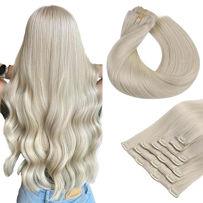 HOTBANANA Human Hair Clip in Hair Extensions, Grey 120g Clip in Hair Extensions Real Human Hair Straight Remy Hair Clip in Hair Extensions 14 Inch 7pcs