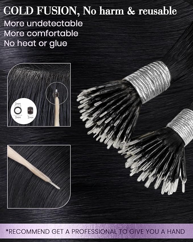 LaaVoo Nano Hair Extensions Black 20 Inch Nano Beads Hair Extension Human Hair Jet Black Nano Ring Extensions Real Human Hair 50g 50s