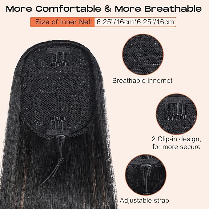 SEIKEA Ponytail Extensions Drawstring Long Straight Fake Pony Tail Natural Soft Clip in Hair Extension Synthetic Heat Resistant Hairpiece 28 Inch Ombre Black Roots Black Caramel Blonde Highlights