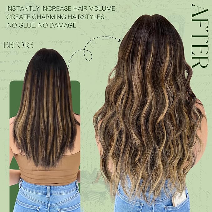 RUNATURE Balayage Clip in Hair Extensions Real Human Hair, Remy Hair Extensions Clip Ins, Double Weft Human Hair Clip in Extensions, 16 Inch 120g 7pcs #1B/6/27 Black Rooted to Brown Highlight Blonde
