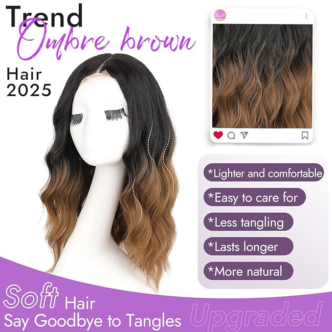 Ombre Brown Short Wavy Wig for Women Lace Hairline Bob Style Synthetic Heat Resistant - Natural Appearance for Everyday Hairstyle 18 Inch