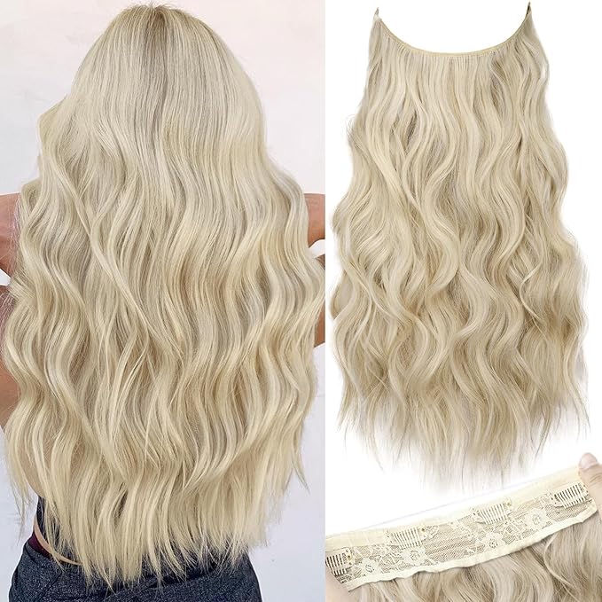 KooKaStyle Invisible Wire Hair Extensions with Transparent Headband Adjustable Size 4 Secure Clips Long Wavy Secret Wire Hairpiece 20 Inch for Women (20 Inch, Light Brown mix Platinum Blonde)