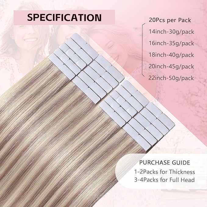 Invisible Tape in Hair Extensions Real Human Hair 3rd-Generation #18p613 Ash Blonde with Bleach Blonde 20pcs 30g 14inch Seamless Injected Hand-Tied Tape ins Extensions（#18p613-14inch）
