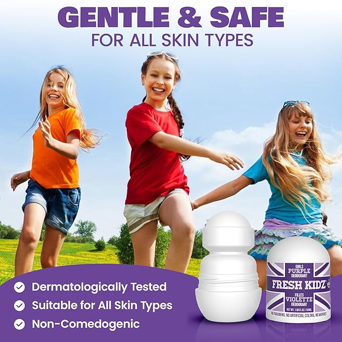 Fresh Kidz Roll On Deodorant for Kids and Teens - Baking Soda and Aluminum-free 24 Hour Protection for Sensitive Skin - Girls "Purple" 1.86 fl.oz. (2 Pack)