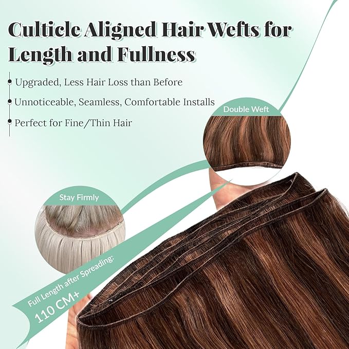 Sew in Hair Extensions Auburn Brown Hand Tied Weft Hair Extensions Human Hair for Women 24 Inch 120G Thick Full Sew in Real Human Hair Bundles Medium Auburn Brown Highlights Weft Extensions
