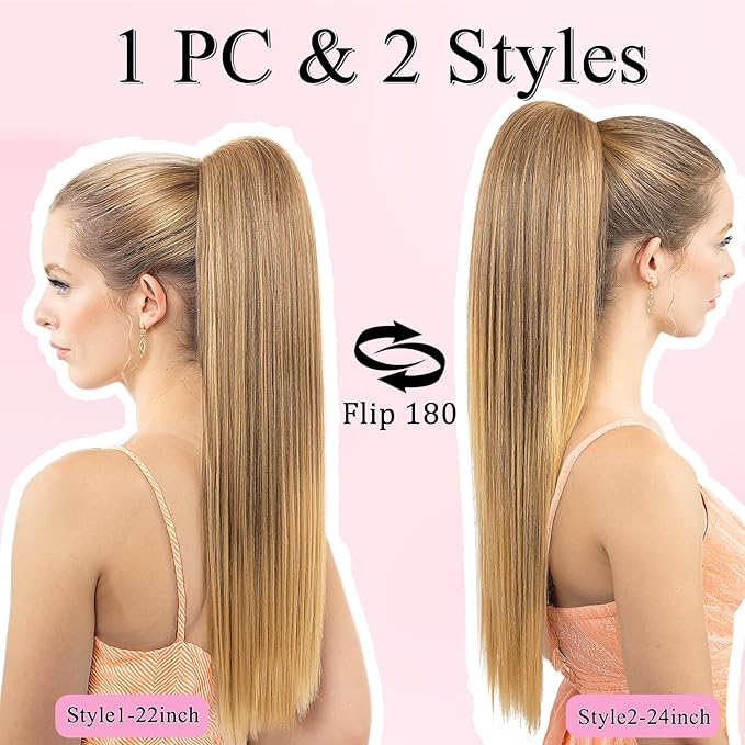 Ponytail Extension, 24" Long Straight Claw Clip Ponytail Extension clip on ponytails hair clip Hair claw clip Fake Ponytail Hairpieces for Women - Golden Blonde to Ash Blonde