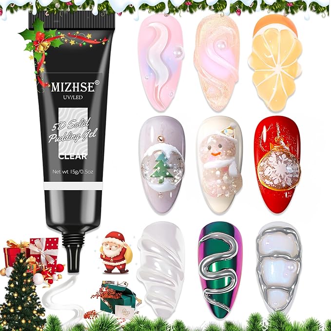 MIZHSE 3D Gel Nail Art, Sculpting Gel Glue 15g for Molding, Drawing, Charms & Gems, Chrome Powder, Rhinestone Design, Clear No Wipe Nail Polish for DIY Winter Christmas Nail Art, Lamp Curing Needed
