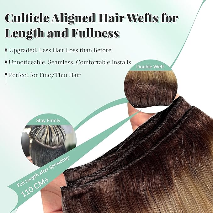 Sew in Hair Extensions Human Hair Bundles Blonde Highlighted Hand Tied Weft Hair Extensions Warm Brown Fading to Ash Brown and Light Blonde Highlights Real Human Hair Extension Sew in 100G
