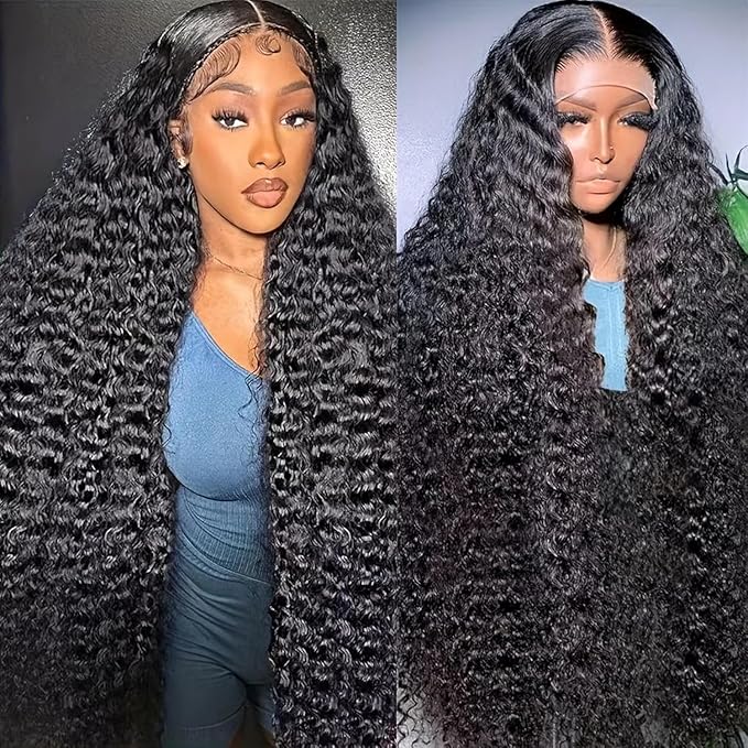 13x6 Deep Wave Lace Front Wigs Human Hair 180 Density Pre Plucked HD Transparent Curly Lace Frontal Human Hair Wig Natural Black Glueless Wigs with Baby Hair for Women 32 Inch