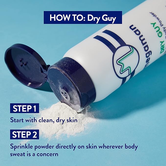 Megaman Sweat Absorbing Body Powder - Dry Guy | Prevents Chafing & Odor | Groin, Body, Feet & More | Talc-Free, All Natural | 6 oz