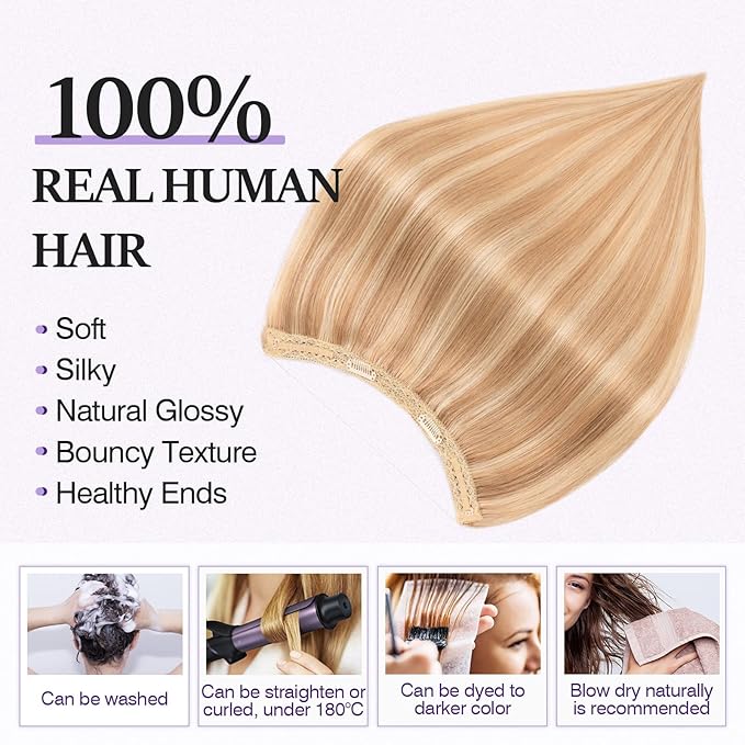 Halo Hair Extensions Real Human Hair,Halo Hair Extension 100% Human Hair,Wire Hair Extensions,Thicker 12P613 Golden Brown Mixed Bleach Blonde 16inch/80g