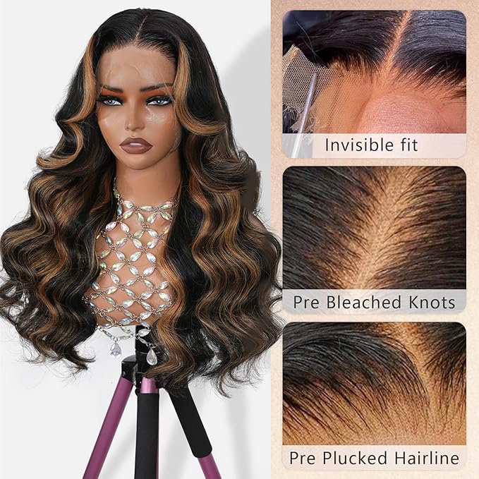 13x4 Full Frontal Lace Wig Human Hair Body Wave 1B/30 Highlight Ombre Colored Skinlike Swiss HD Lace 0.10mm Ultra-thin Invisible 200% Density Balayage Brown Pre Plucked Tiny Knots Natural Hairline