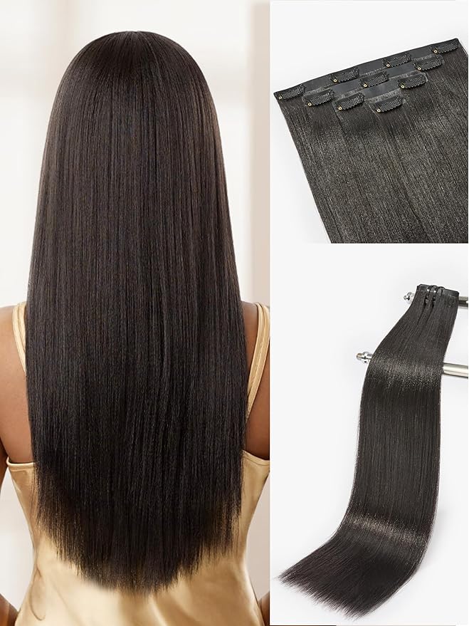 LUVME Yaki Straight Seamless 70g 4Pcs Clip in Hair Extensions Full Max with 24inch Remy Human Hair Clip ins Extensions, Natural Black 100% Real Soft Hair