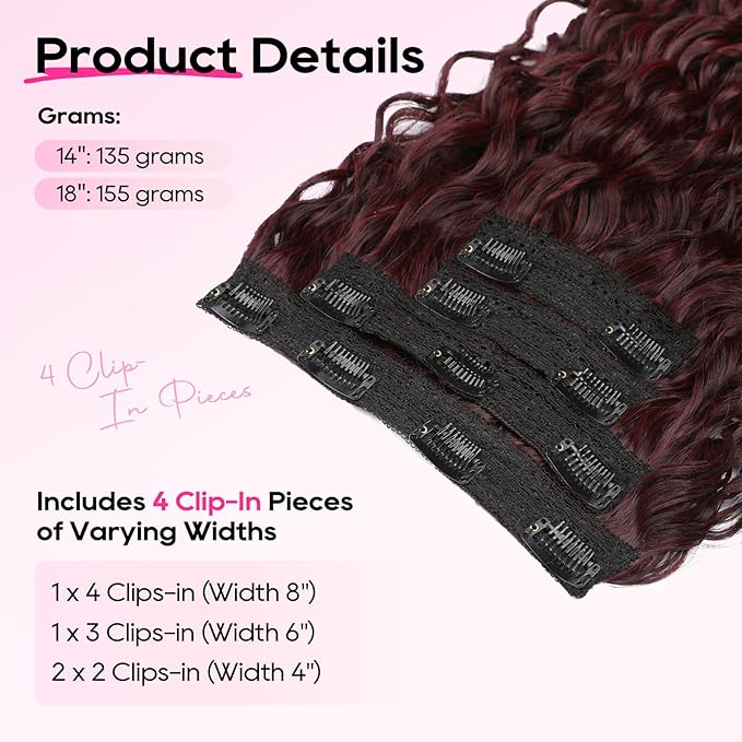 REECHO Curly Hair Extensions - 4PCS 18" GoGo Curly Clip in Hair Extensions 100% Super Protein Hairpieces with Invisible Lace Weft Silky Soft Natural Look for Women - Wirn Red