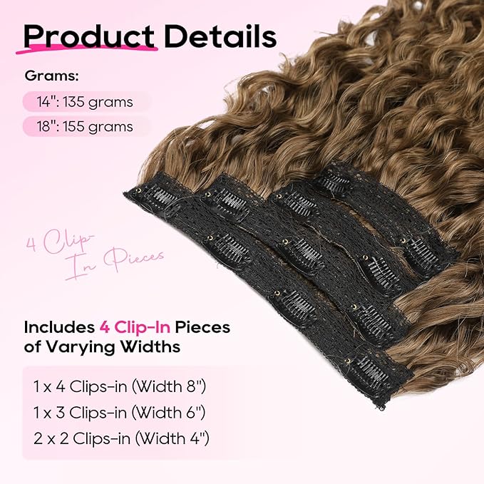 REECHO Curly Hair Extensions - 4PCS 14" GoGo Curly Clip in Hair Extensions 100% Super Protein Hairpieces with Invisible Lace Weft Silky Soft Natural Look for Women - Golden Walnut