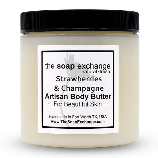 The Soap Exchange Body Butter - Strawberries & Champagne Scent - Hand Crafted 16 fl oz / 480 ml Natural Artisan Skin Care, Shea Butter, Aloe Vera, Nourish, Moisturize, & Protect. Made in the USA.