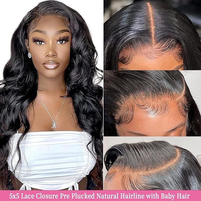 12A Body Wave Human Hair Bundles with Closure (16 18 20 +14,Free Part) Closure with 3 Bundles Brazilian Virgin Hair Extensions with Pre Plucked with Baby Hair 5X5 HD Lace Closure Natural Black Color