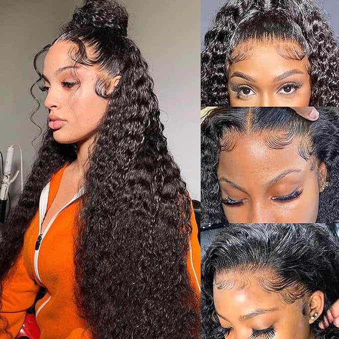 13x6 HD Transparent Lace Front Wigs Human hair Pre Plucked 200% Density Brazilian Water Wave Frontal Wigs Human Hair with Baby Hair Natural Hairline Natural Black Color 28 Inch