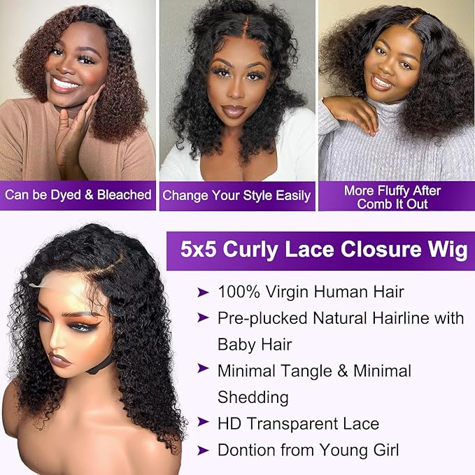 5x5 HD Bob Curly Lace Closure Wigs Human Hair 14 Inch Glueless Kinky Curly Bob Wig ReadytoGo Pre Plucked for Black Women HD Transparent 5x5 Invisible Deep Curly Lace Front Wigs Wear and Go