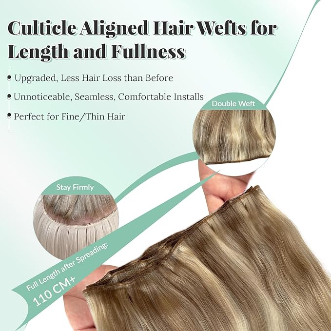 Sew in Hair Extensions Real Human Hair, Balayage Blonde Human Hair Bundles Sew in Hand Tied Hair Extensions Beige Blonde with Platinum Highlight Hair Wefts for Women 16 Inch 100G
