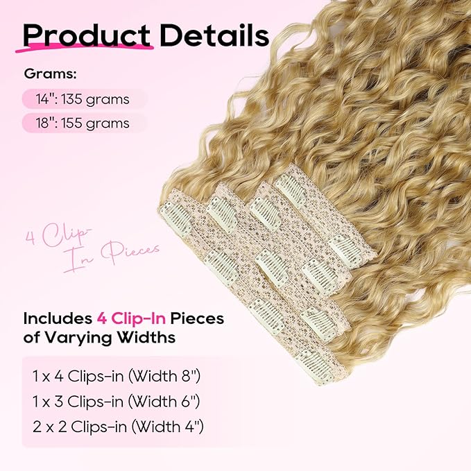 REECHO Curly Hair Extensions - 4PCS 18" GoGo Curly Clip in Hair Extensions 100% Super Protein Hairpieces with Invisible Lace Weft Silky Soft Natural Look for Women - Honey Blonde