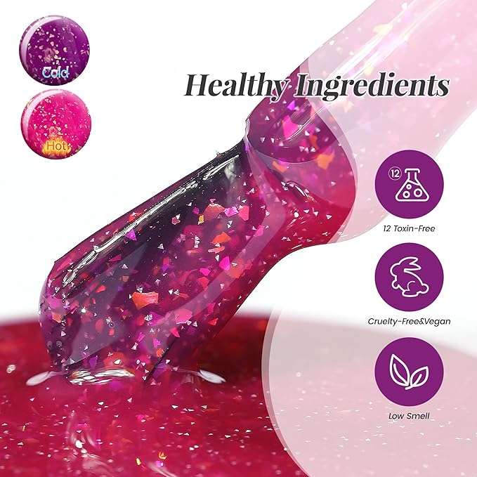 YTD Likomey Brocade Glitter Color Changing Gel Nail Polish,15ml Hot Pink To Violet Shimmer Glitter Mood Temperature Change Colors Iridescent Flakes,Fall Winter Thermal Ombre UV Nail Gel,WB351