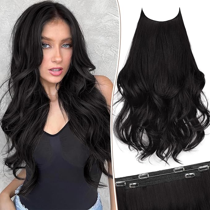 KooKaStyle Invisible Wire Hair Extensions Long Wavy Layered Synthetic Hair Extensions with Transparent Wire Adjustable Size 6 Secure Clips Natural Black Hairpieces for Women 20 Inch