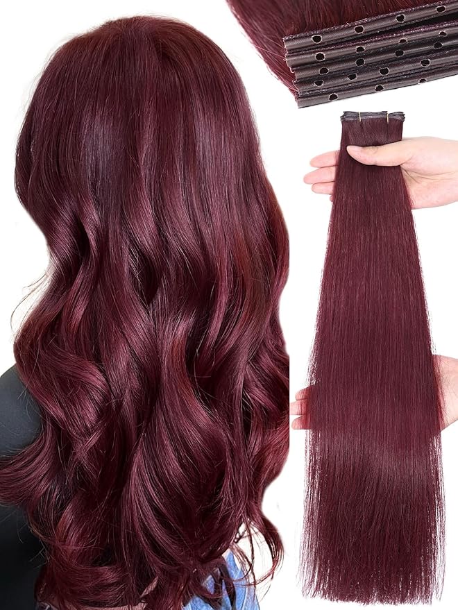 WIGNEE OVO Red Hair Extensions 20 Inch,100g,5PCS,Real Human Remy Hair, Double Hand-Tied Weft,Glueless Micro Bead Install, Add Volume for Thin Hair,Seamless Human Hair Extensions for White Women (BUG)