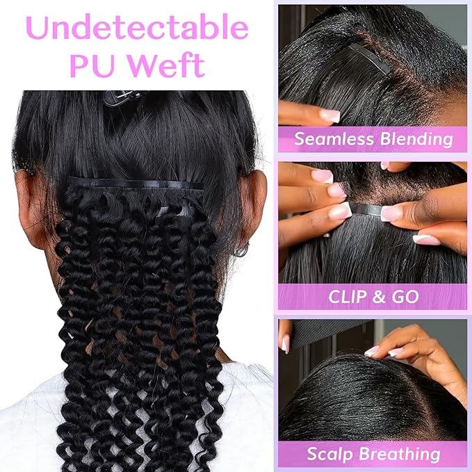 IDN BEAUTY Seamless Clip In Hair Extensions Human Hair, Kinky Curly 22 Inch 110g 7pcs Natural Black Seamless Curly Clip Ins Remy Human Hair Seamless Clip Ins For Black Women PU Weft Invisible Edge