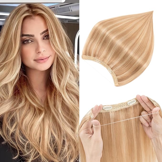 Halo Hair Extensions Real Human Hair,Halo Hair Extension 100% Human Hair,Wire Hair Extensions,Thicker 12P613 Golden Brown Mixed Bleach Blonde 18 inch/80g